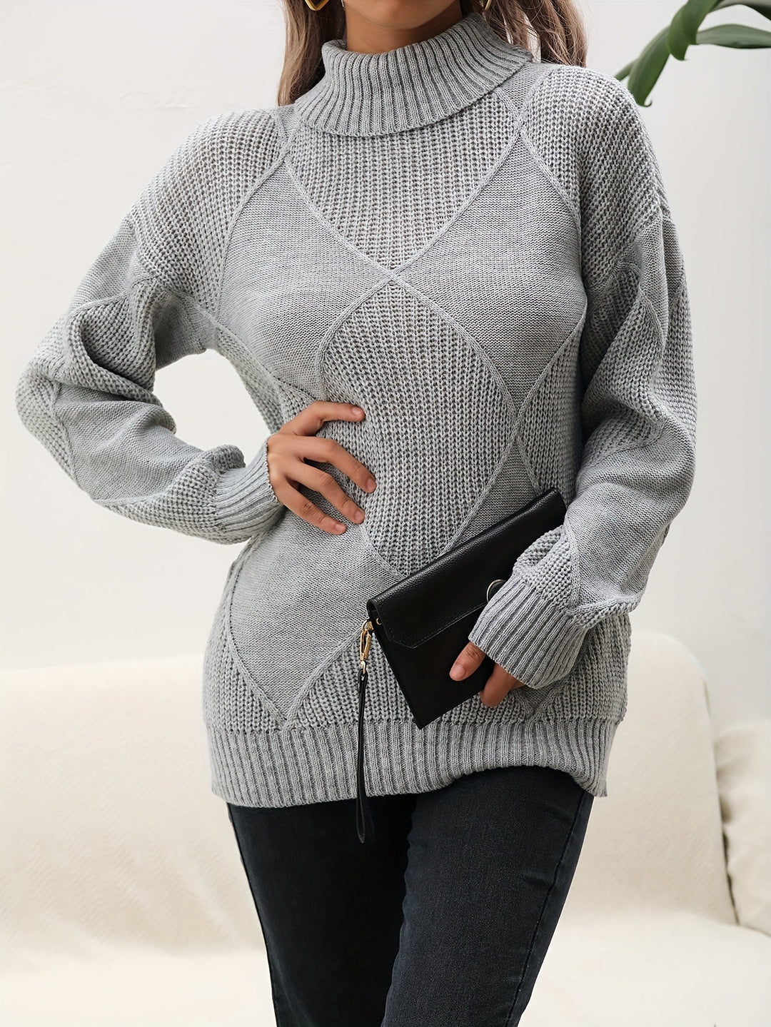 Cozy women's knit turtleneck sweater for winter comfort. Versatile dropped shoulder design for casual style.