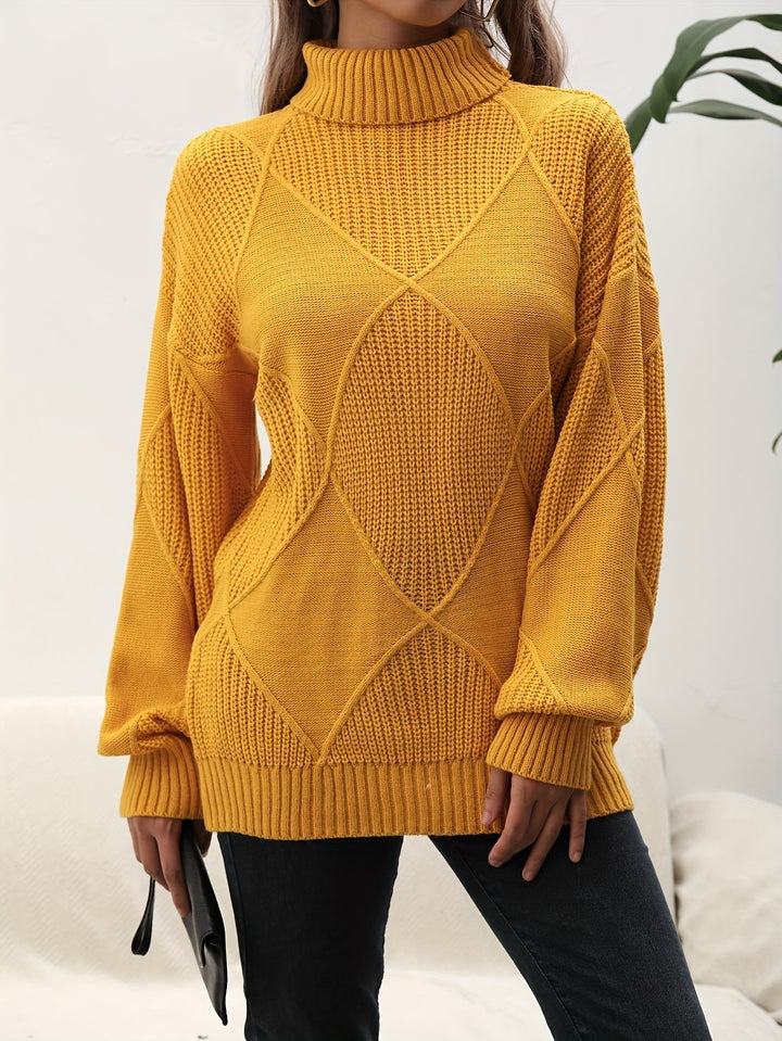 Warm & comfortable women's turtleneck sweater, a soft knitted top with dropped shoulder for cozy winter style.