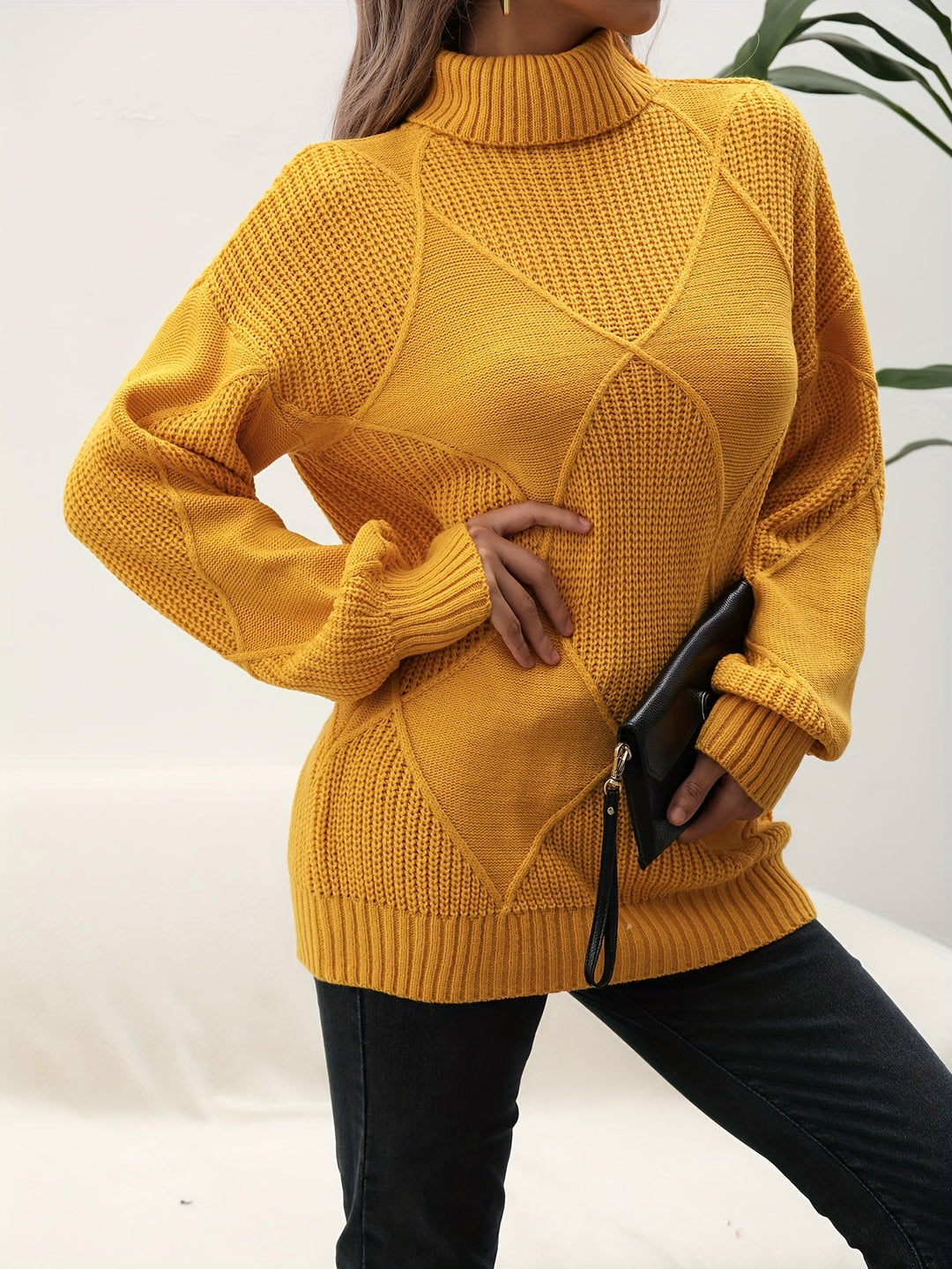 Selena style women's soft knitted turtleneck sweater. Trendy dropped shoulder knitwear for autumn & winter comfort.