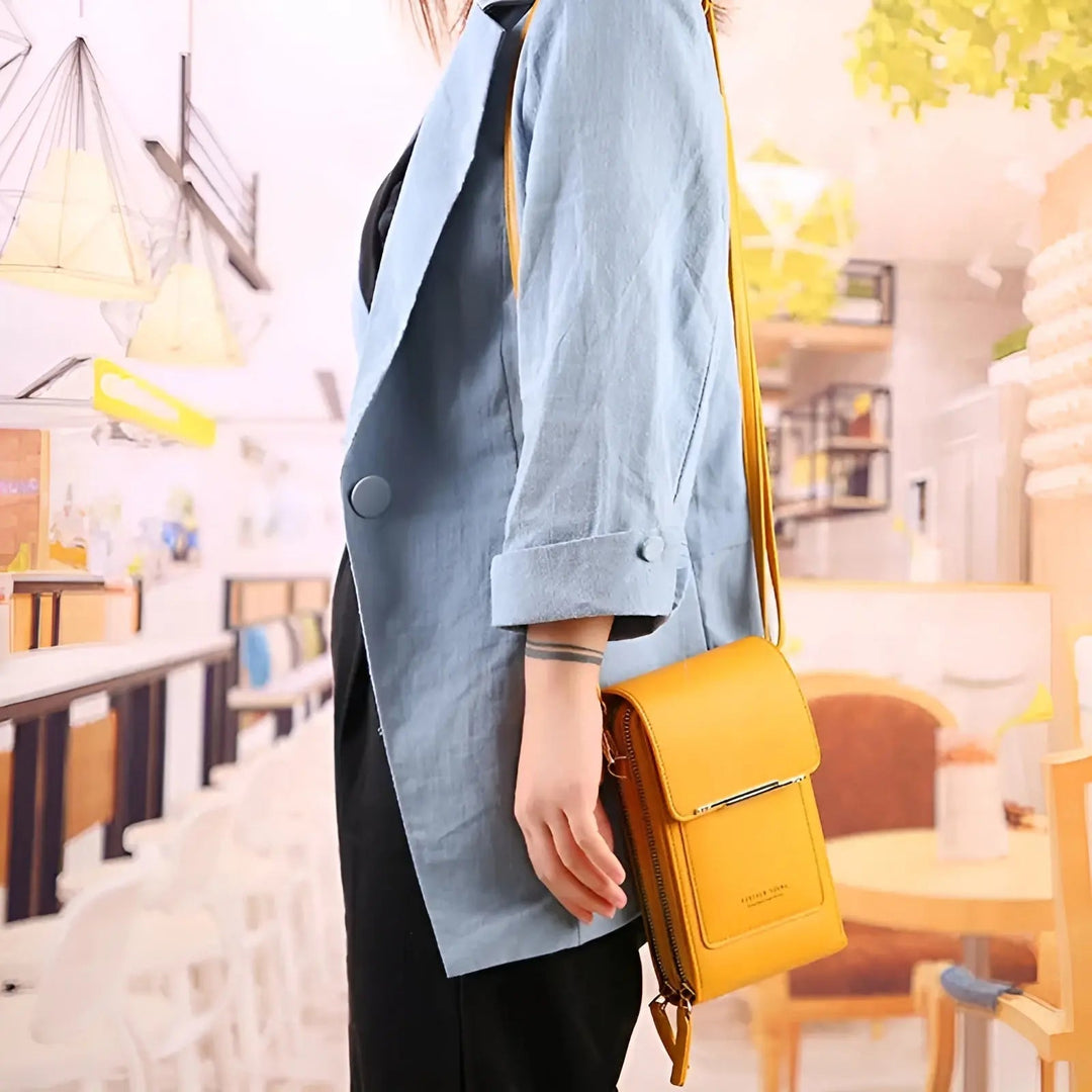 Back of anti-theft women's shoulder bag, premium soft leather & secure design.