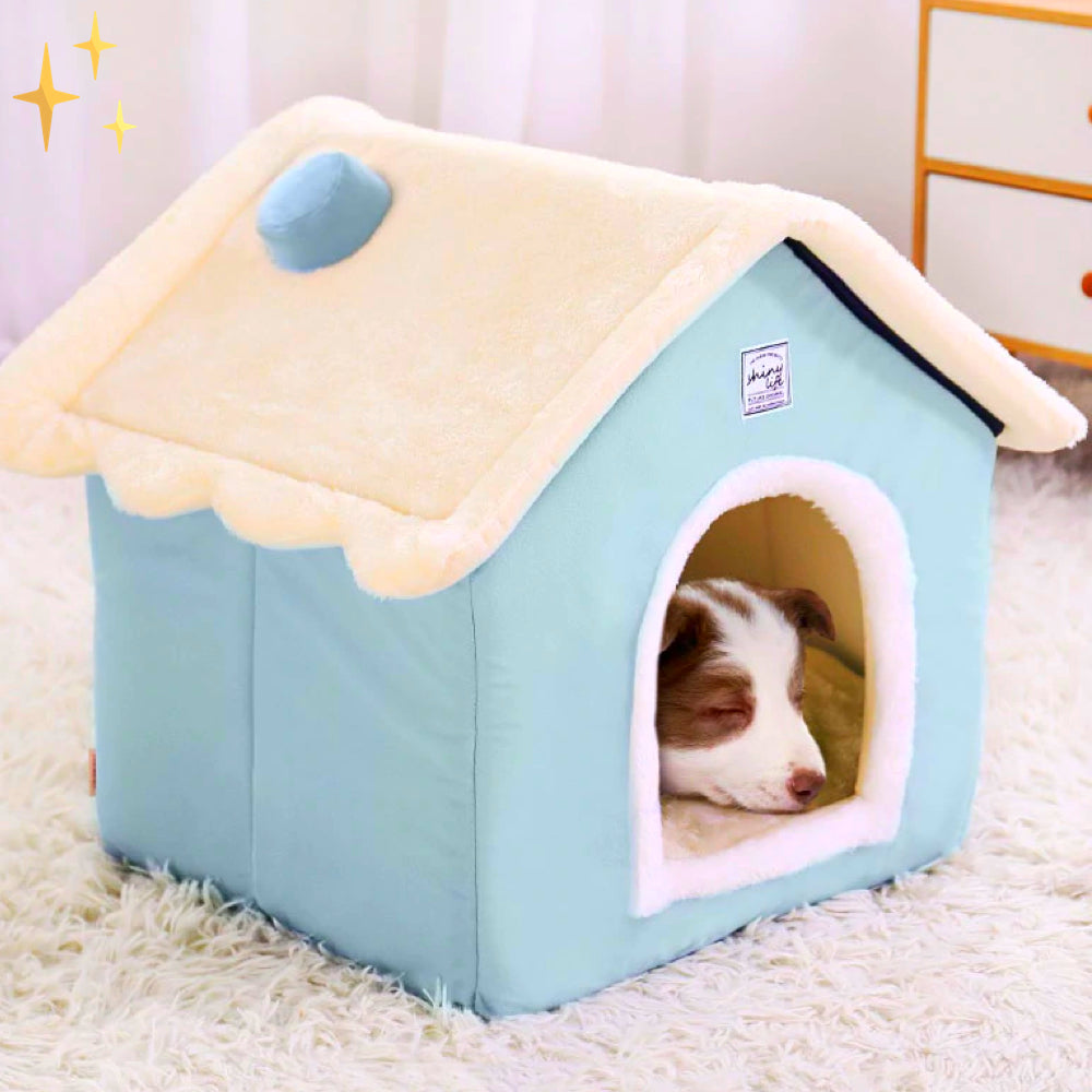 Soft light blue DreamNest pet bed house for dogs & cats, offering cozy comfort and a safe retreat.