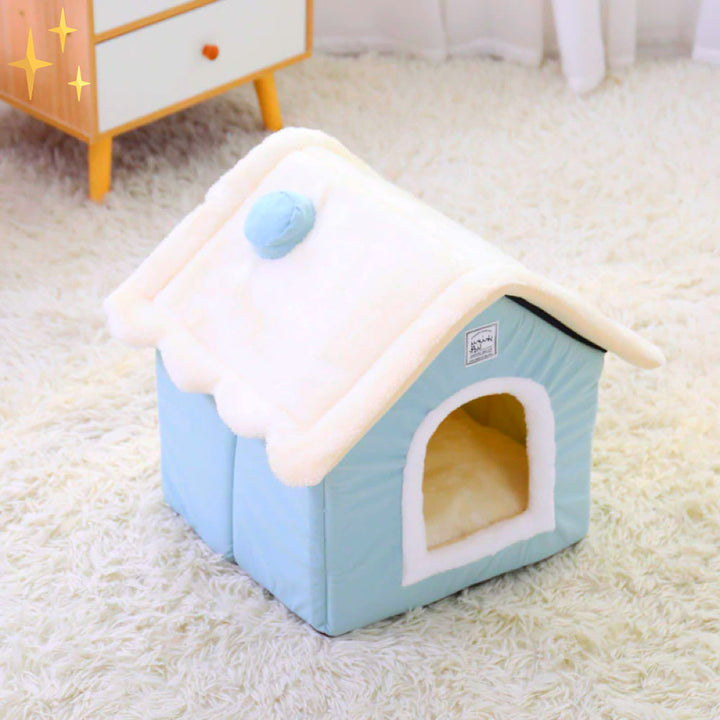 Plush light blue DreamNest pet bed for dogs & cats, a soft cozy house providing ultimate animal comfort.