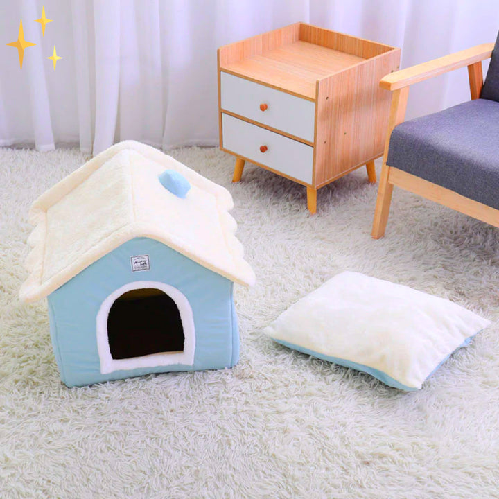 DreamNest pet furniture: a cozy house and soft sleep retreat for small dogs & cats, in light blue.