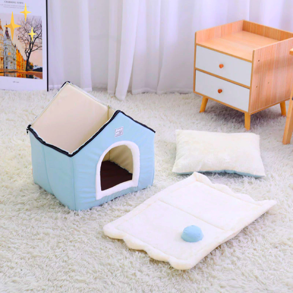 Washable light blue DreamNest pet bed house, a cozy retreat & soft shelter for dogs, cats, and small pets.