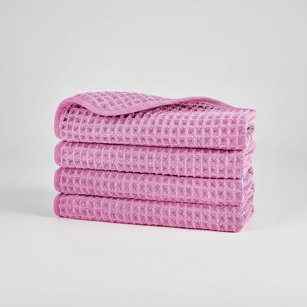 Assortment of microfiber waffle weave washcloths in various neutral colors, soft and quick-dry