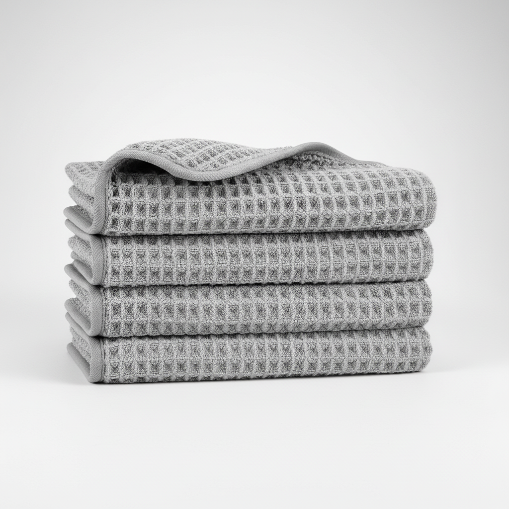 Clean, white microfiber waffle washcloth on a spa-like background, symbolizing bath and hygiene