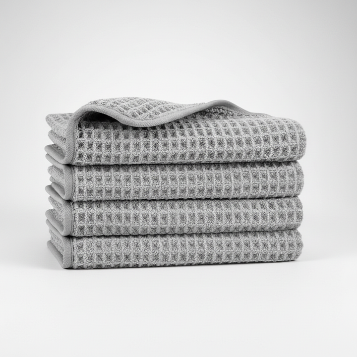 Clean, white microfiber waffle washcloth on a spa-like background, symbolizing bath and hygiene