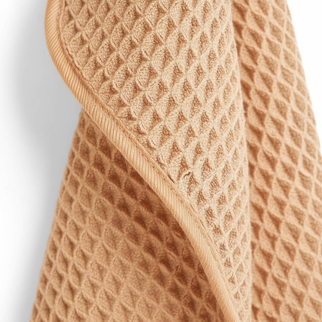 Rolled white microfiber waffle washcloth on a bathroom counter, emphasizing hygiene and softness