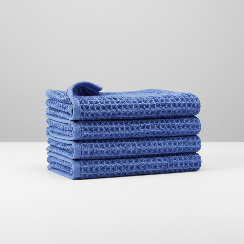 Microfiber waffle weave washcloth, shown damp, indicating its absorbency and quick-dry properties