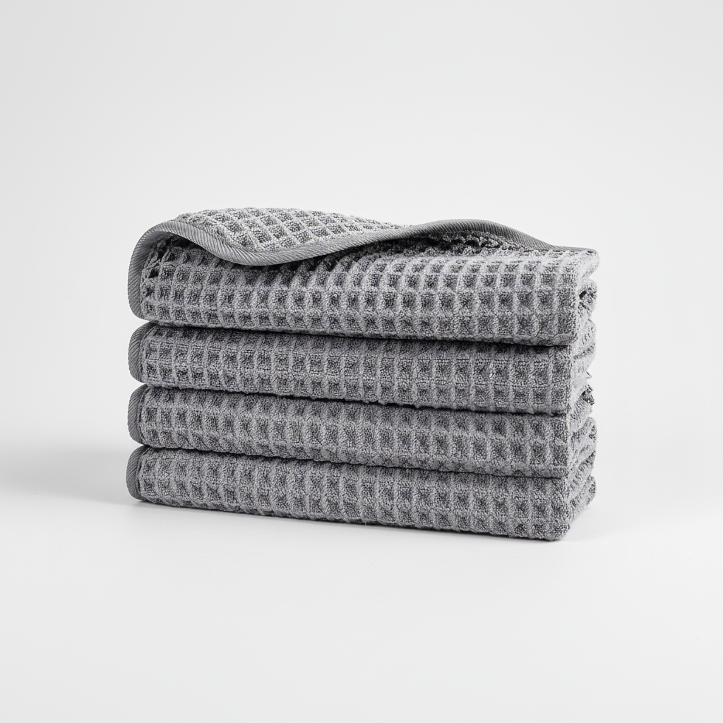 Hand holding a soft microfiber waffle washcloth, demonstrating its gentle texture for face and body