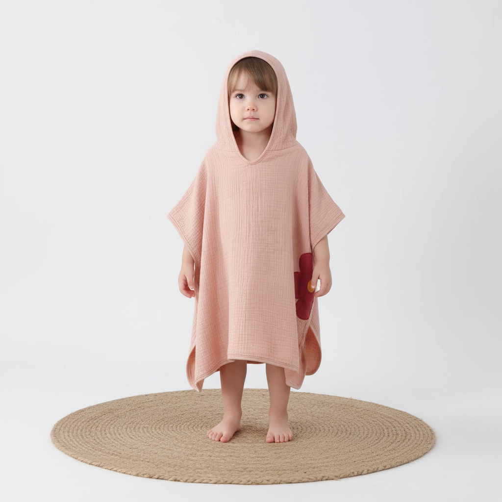 Kids' hooded poncho towel in breathable muslin, perfect for baby and toddler bath time