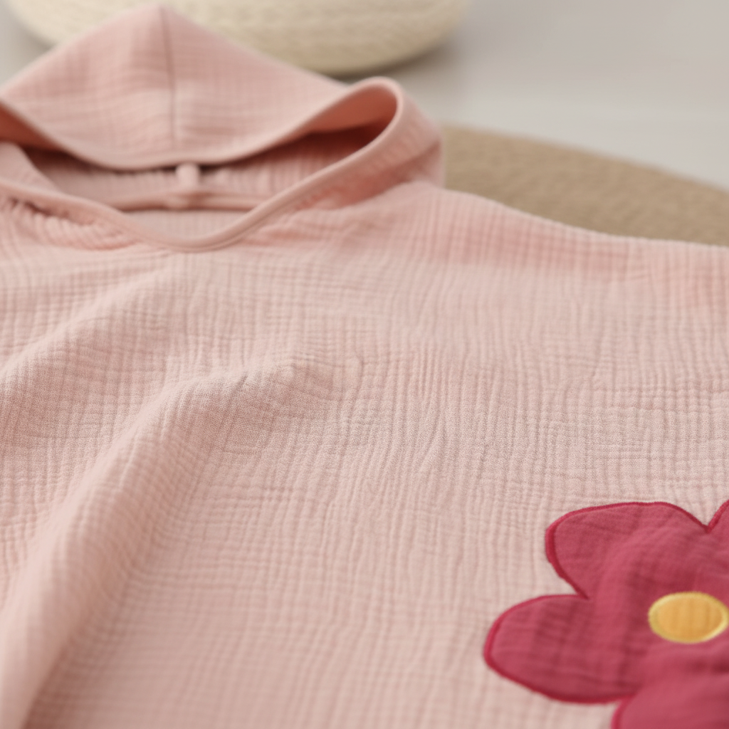 Close-up of a soft, quick-dry cotton muslin hooded poncho, ideal for children's bath wraps
