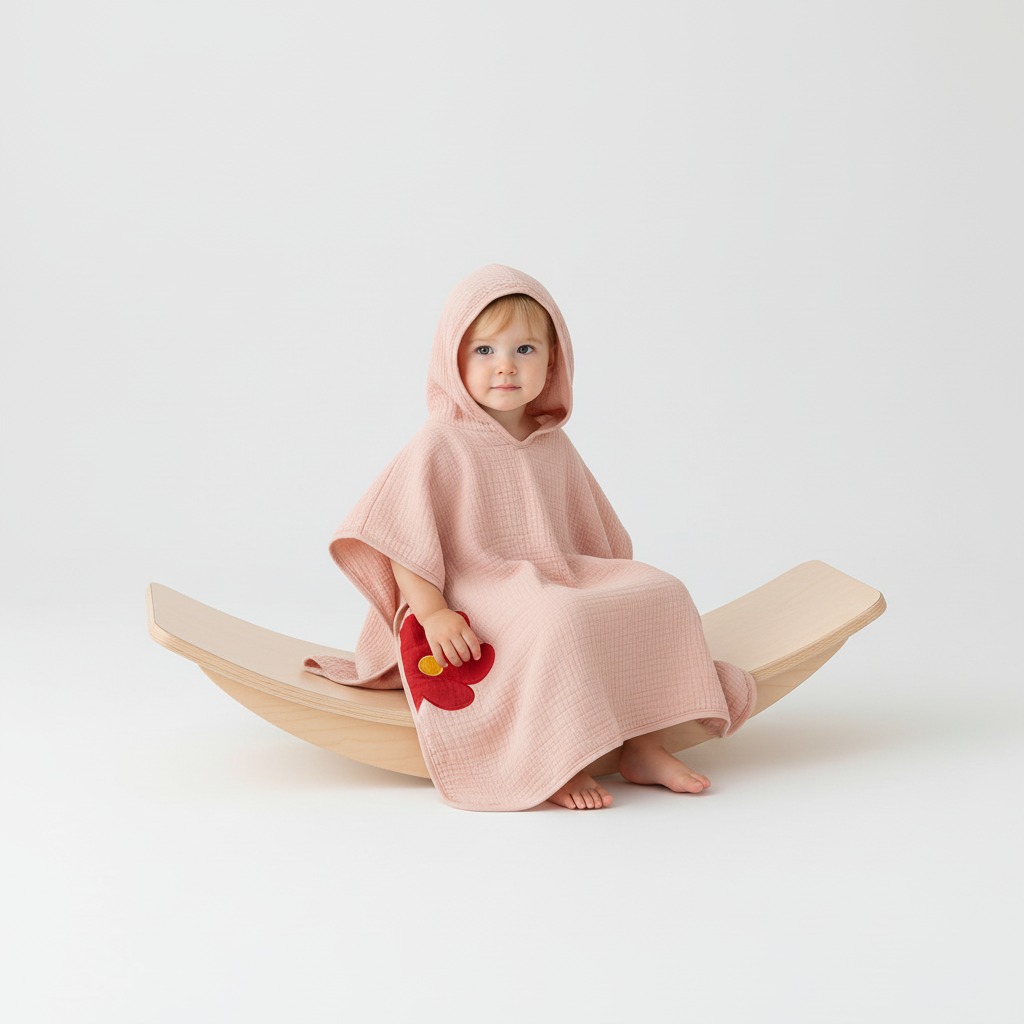 Child wearing a comfortable muslin hooded poncho, essential for kids' bath time and beach