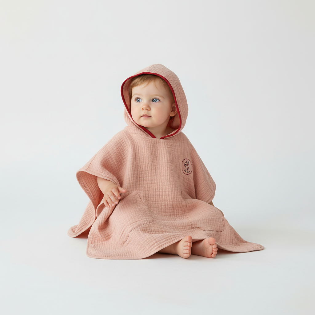 Front view of a plain white muslin kids' hooded poncho, absorbent cotton for children's apparel