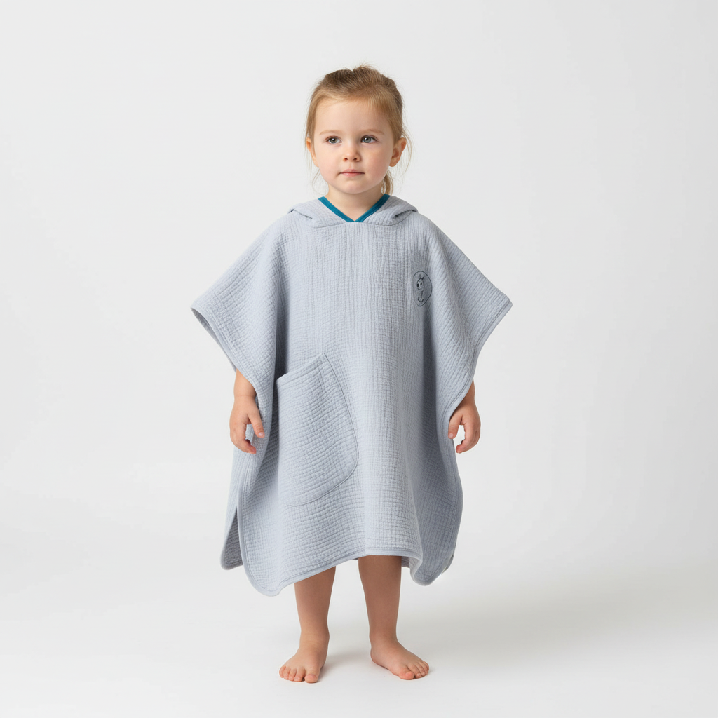 Stack of colorful muslin hooded ponchos, essential quick-dry cotton towels for kids' bath and swim