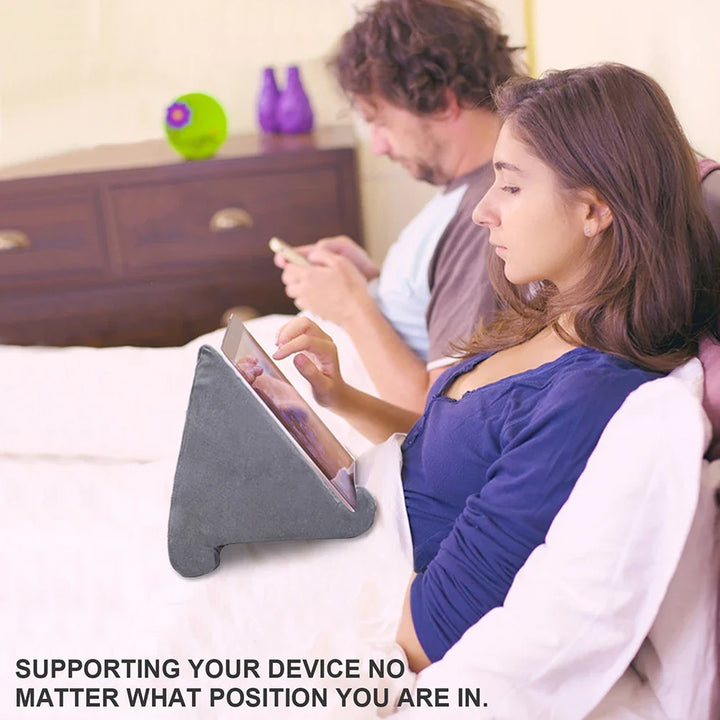 Stable soft cushion tablet & phone holder, hands-free device support for various activities.