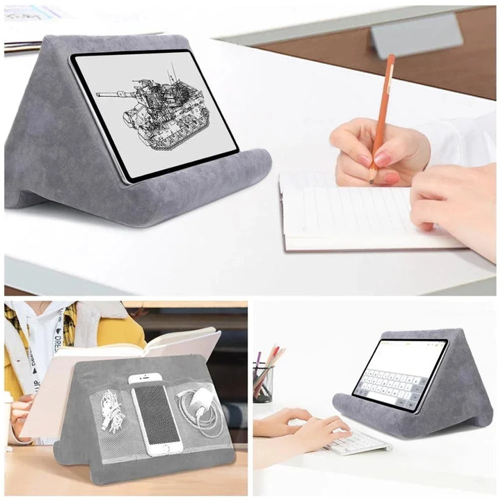 Reading aid pillow stand for tablets & phones, offering a comfortable hands-free viewing experience.