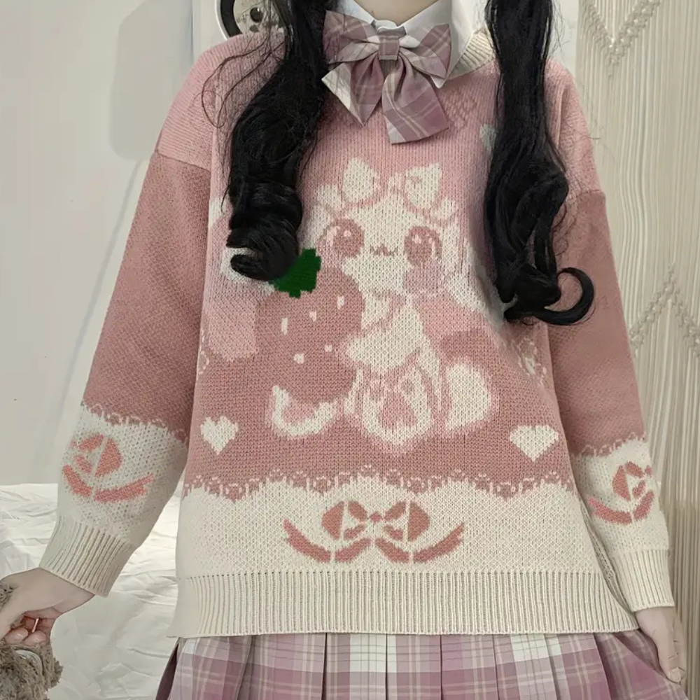 Casual pink women's knit sweater featuring a soft round neck. Ideal everyday acrylic pullover.
