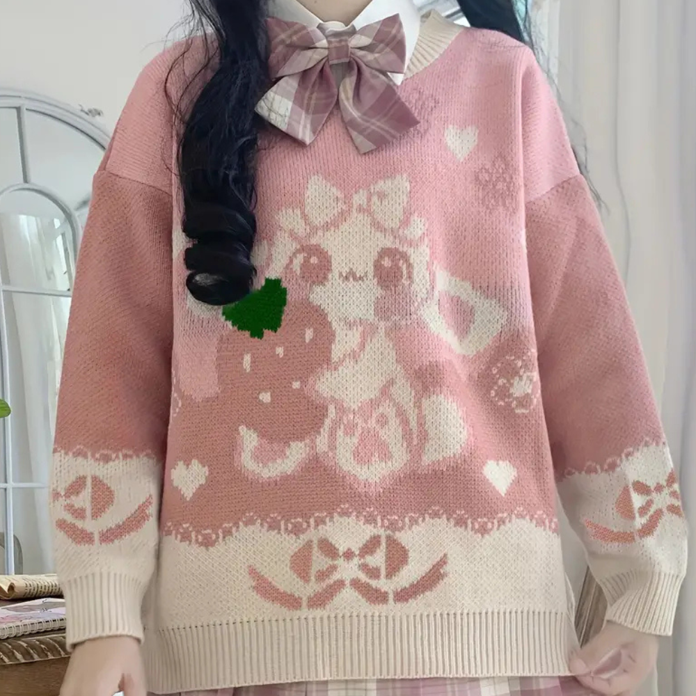Comfortable women's pink round neck jumper. Loose-fit soft acrylic knit sweater for daily wear.
