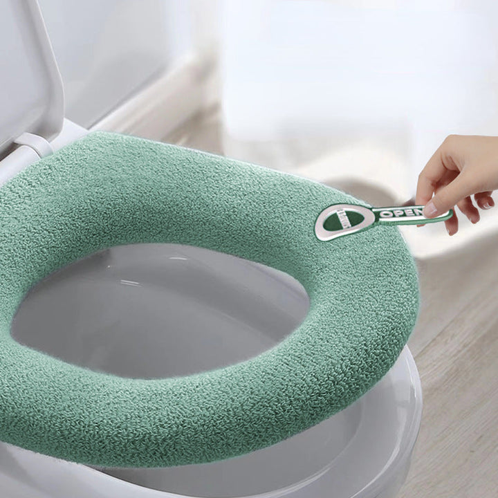 Gray warm soft toilet seat cover, a comfortable bathroom accessory made of easy-install polyester.