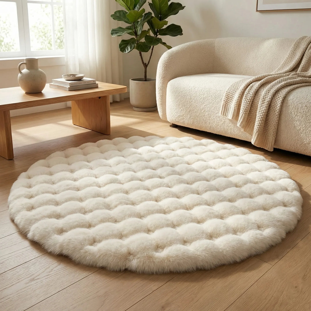 Soft round plush area rug with tufted waves, perfect for cozy living room or bedroom.