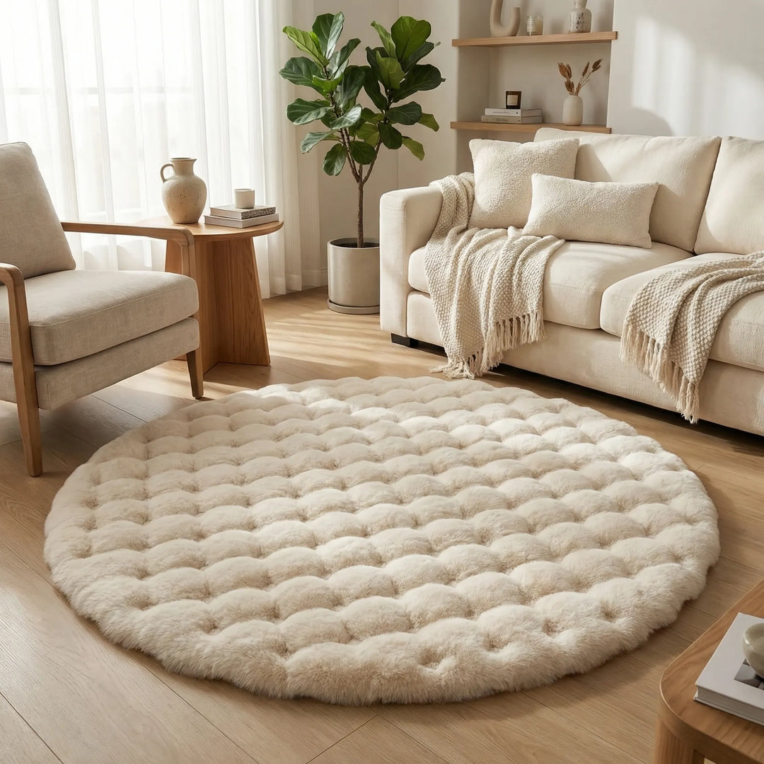 Plush round area rug with elegant wave design, soft tufted texture for comfortable home decor.