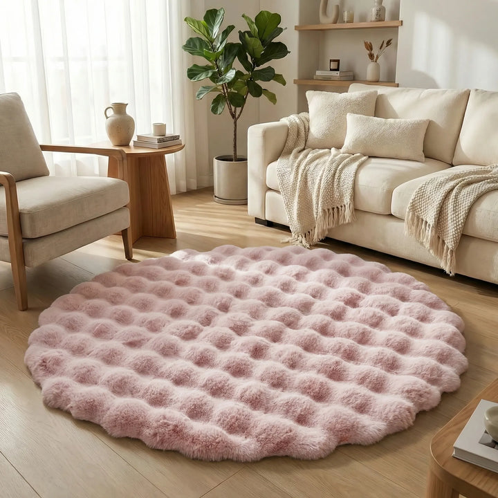 Statement round plush area rug featuring flowique wave design, perfect for modern home decor.