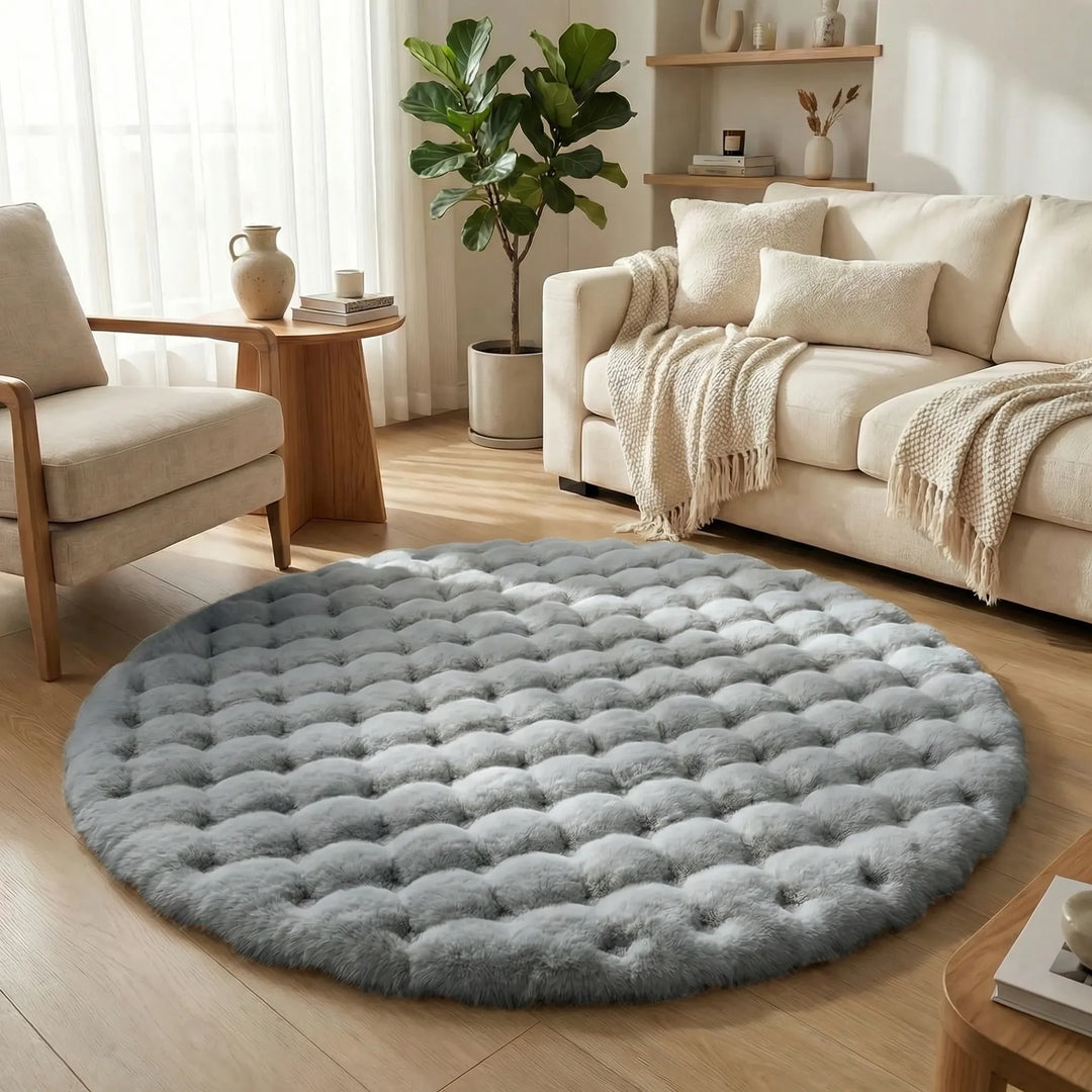 Luxurious soft round area rug, tufted plush waves create a cozy and inviting bedroom space.