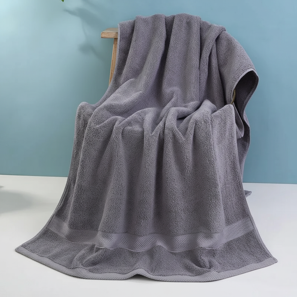 Folded quick-dry unisex cotton bath towel on a shelf, showing its neat storage