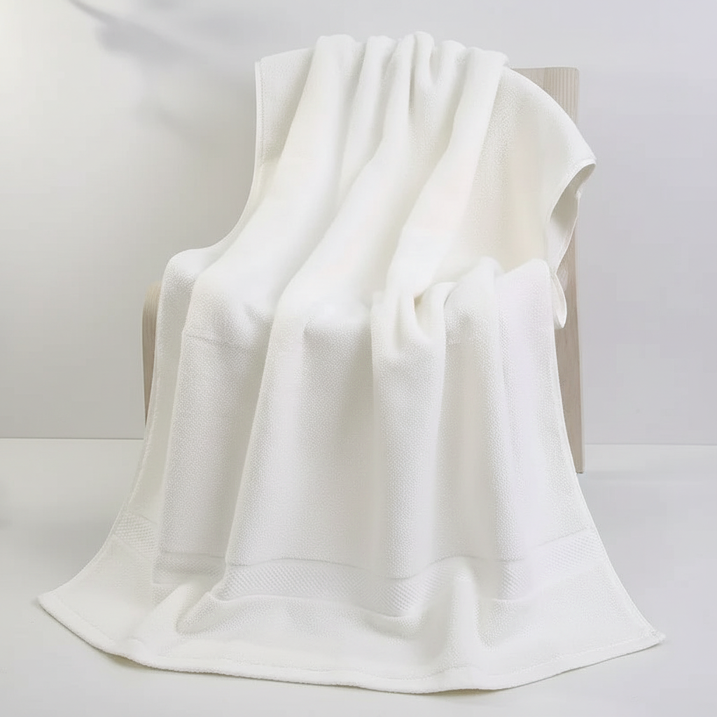 Stack of multiple Quick-Dry cotton bath towels, indicating bulk availability and comfort