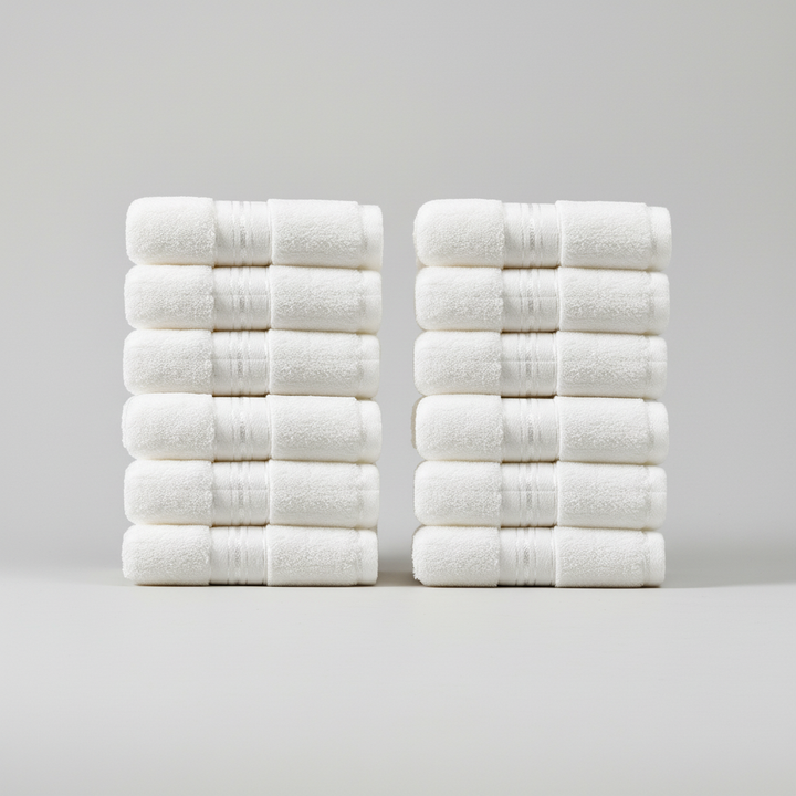 Towelino soft terry guest towel 12-pack, absorbent cotton, white color, perfect for stylish bathroom decor.