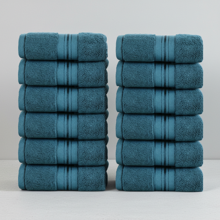 Premium quality 12-pack soft terry guest towels, Towelino brand, absorbent and durable cotton linens.