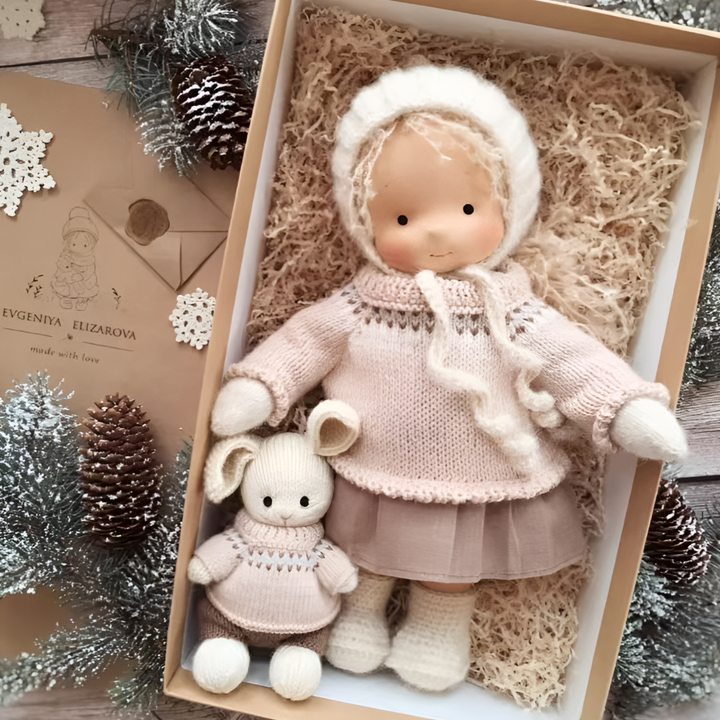 Handmade Waldorf doll, natural fiber, a delightful cuddly toy for children's imaginative adventures.