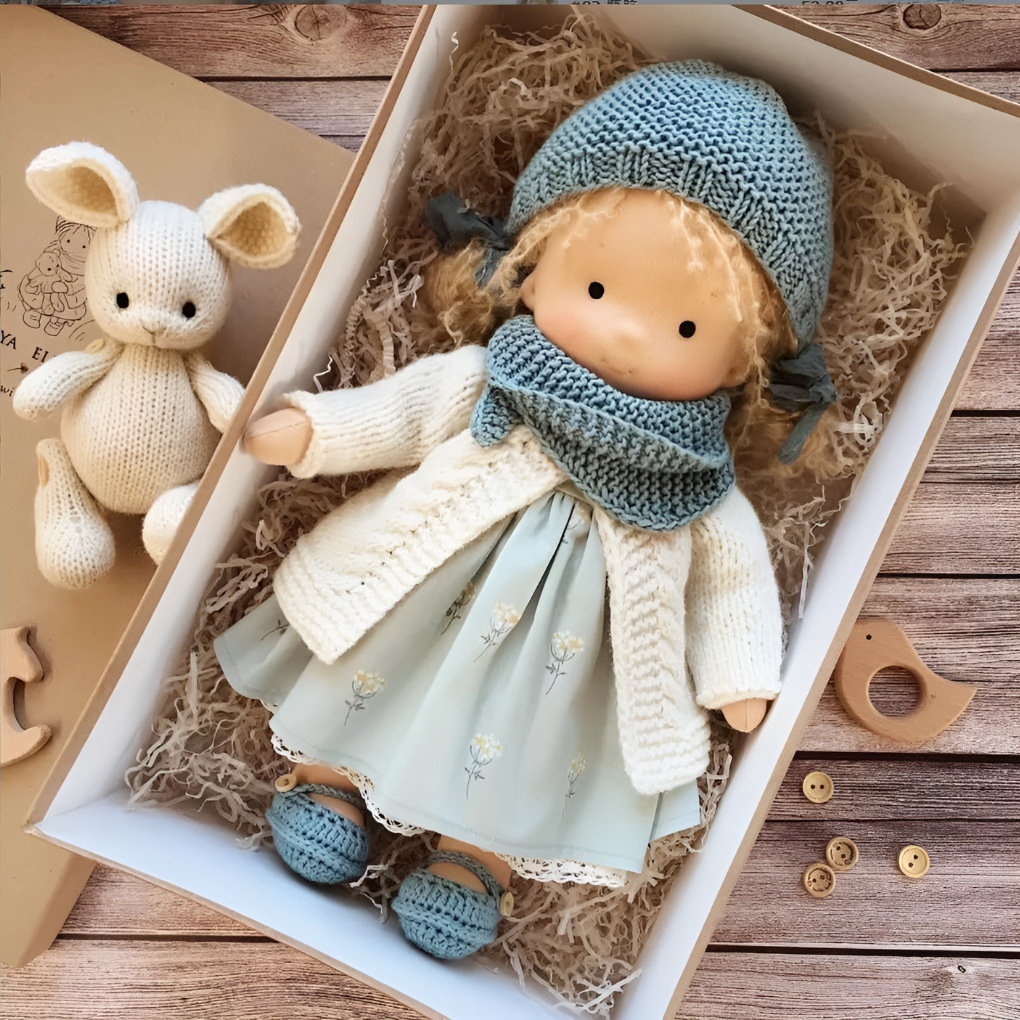 Waldorf doll, a cuddly natural fiber toy, handmade for enriching children's imaginative play.