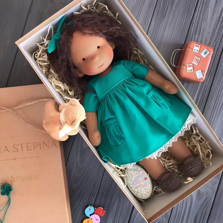 Soft, handmade Waldorf doll, perfect for imaginative play and as a gentle companion for children.