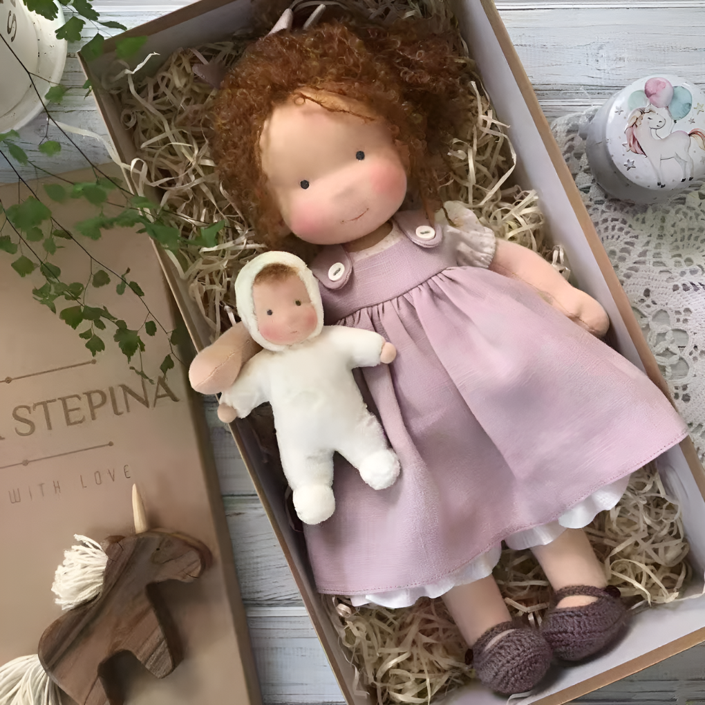 Natural fiber Waldorf doll, a sweet and cuddly children's toy fostering imaginative play.