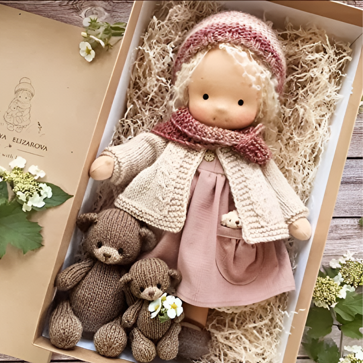 Handmade Waldorf doll, a soft, educational toy crafted from natural materials for toddlers.
