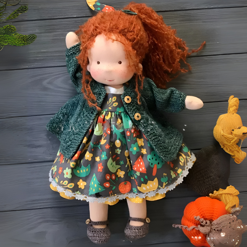 Handmade Waldorf doll, perfect for imaginative play, a gentle and cuddly natural fiber toy.