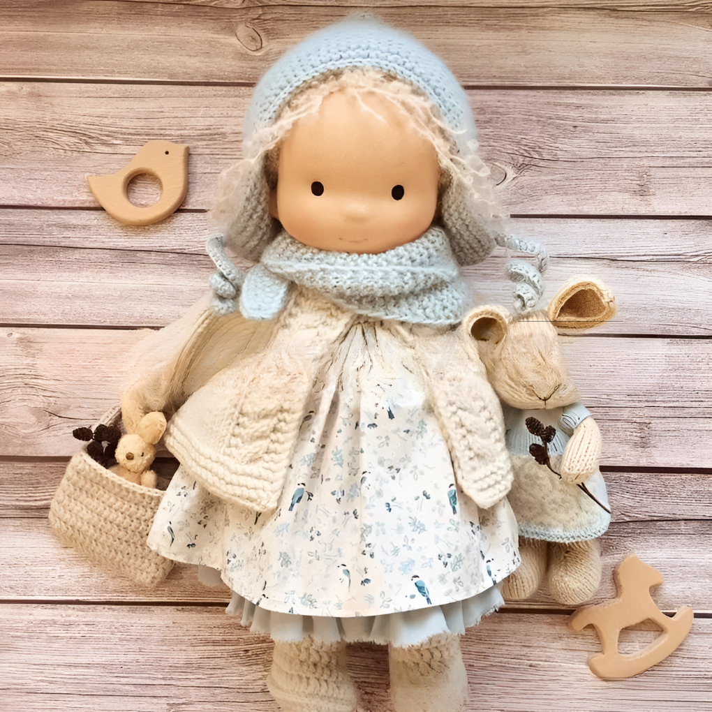 Natural fiber Waldorf doll, a charming children's toy, ideal for imaginative and open-ended play.