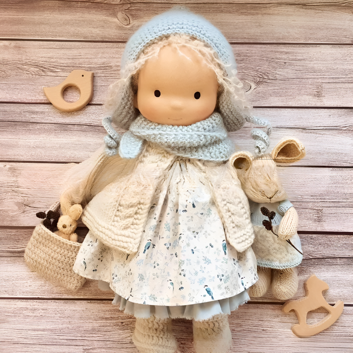 Natural fiber Waldorf doll, a charming children's toy, ideal for imaginative and open-ended play.