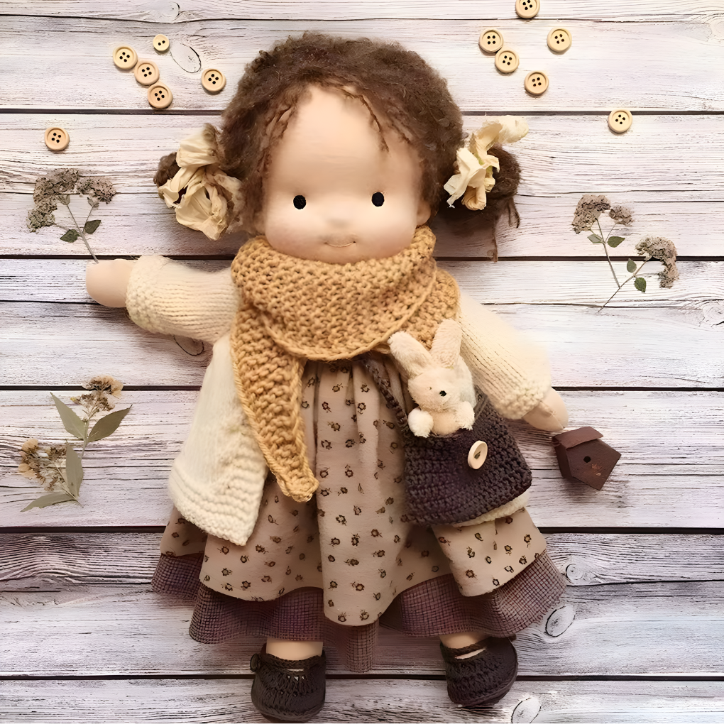 Children's Waldorf doll, a soft, handmade natural fiber toy promoting creative play.