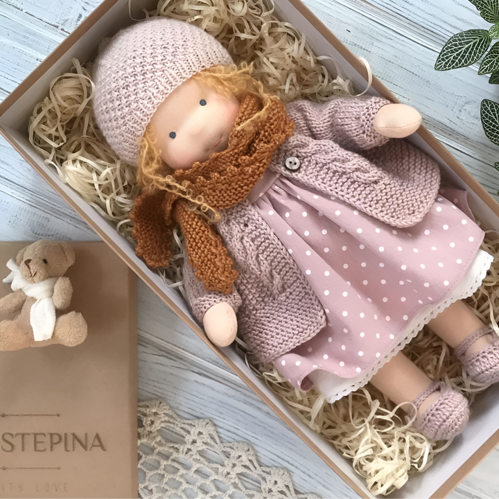 Cuddly Waldorf doll, a natural fiber handmade toy, fostering imaginative and gentle play.