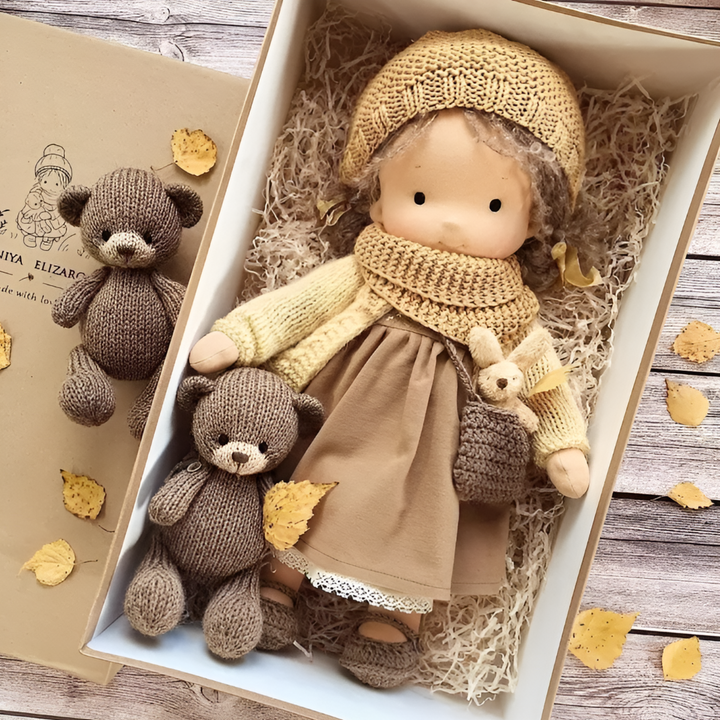 Waldorf doll for imaginative play, a soft, natural fiber cuddly toy, ideal for toddlers.
