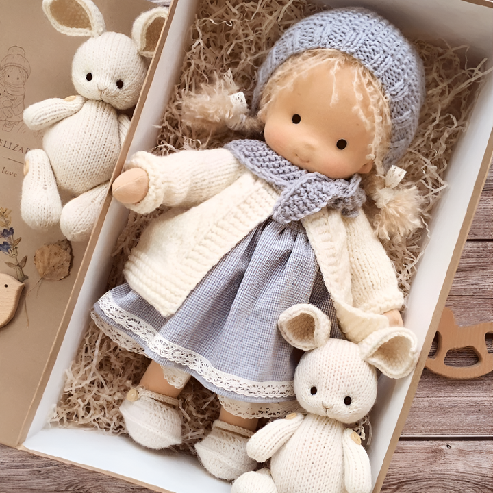 Handmade natural fiber Waldorf doll, a safe and gentle children's toy for creative play.