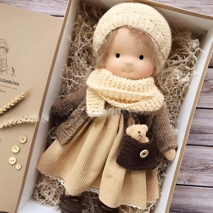 Soft Waldorf doll, an enriching educational toy, crafted from natural fibers for children.