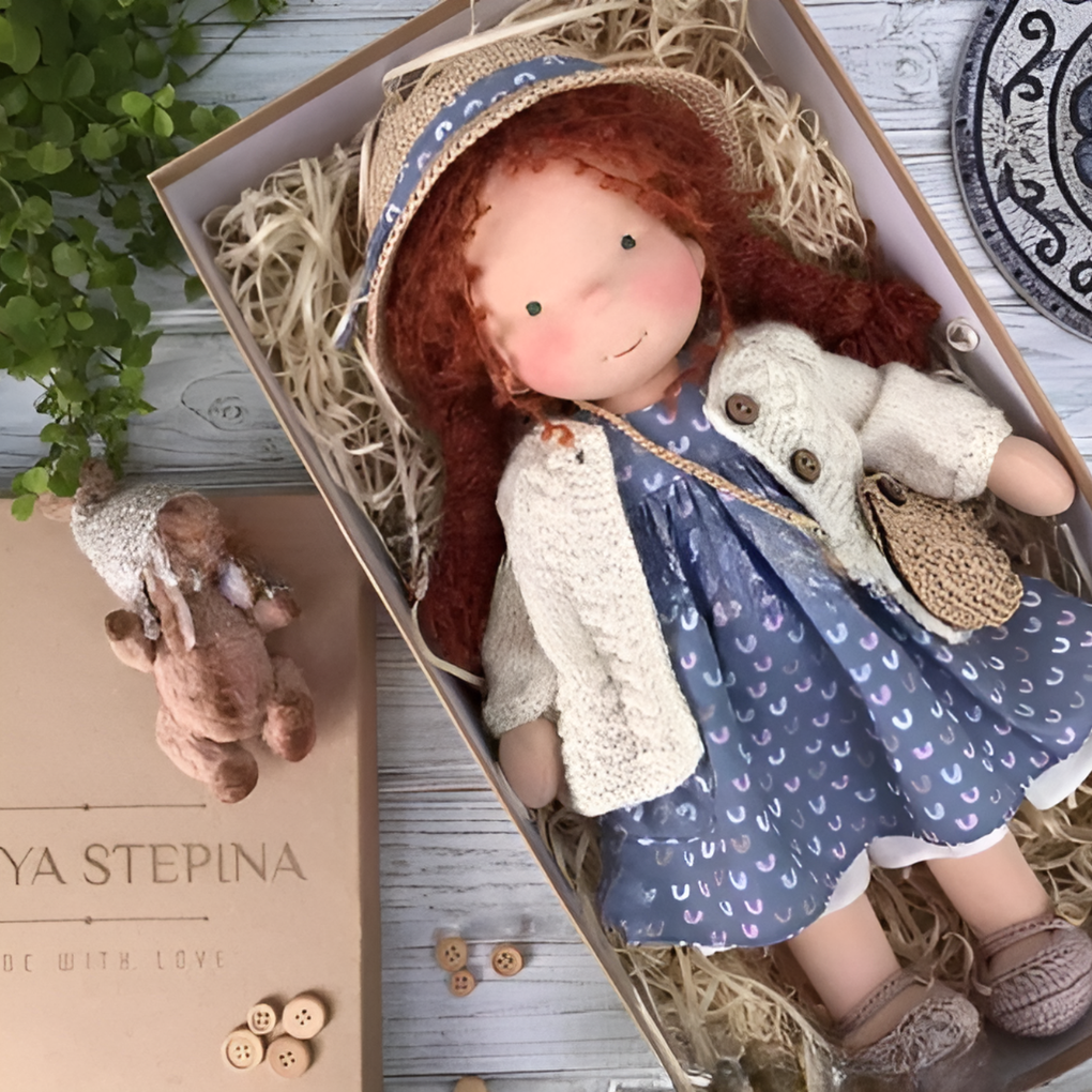 Natural fiber Waldorf doll, a handmade, cuddly toy designed for imaginative play.