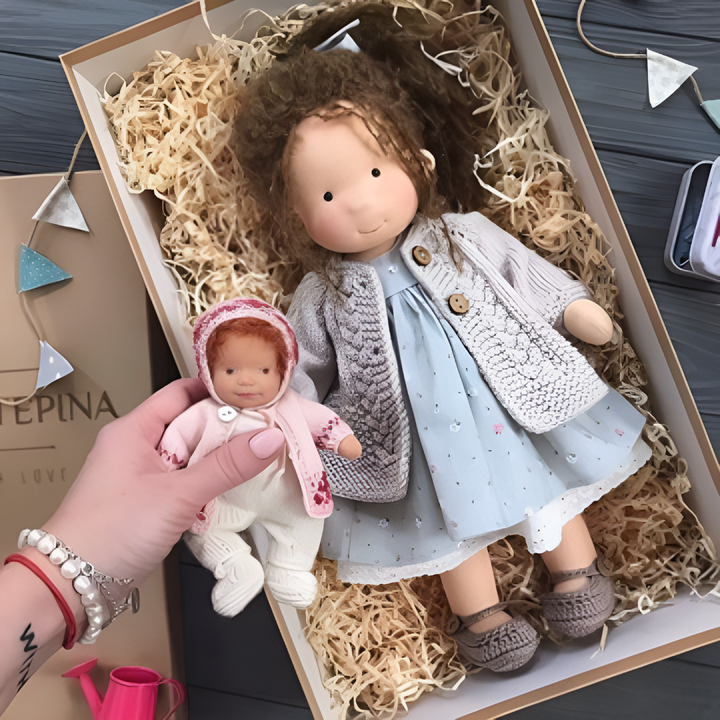 Imaginative play Waldorf doll, a unique handmade natural fiber gift for children.