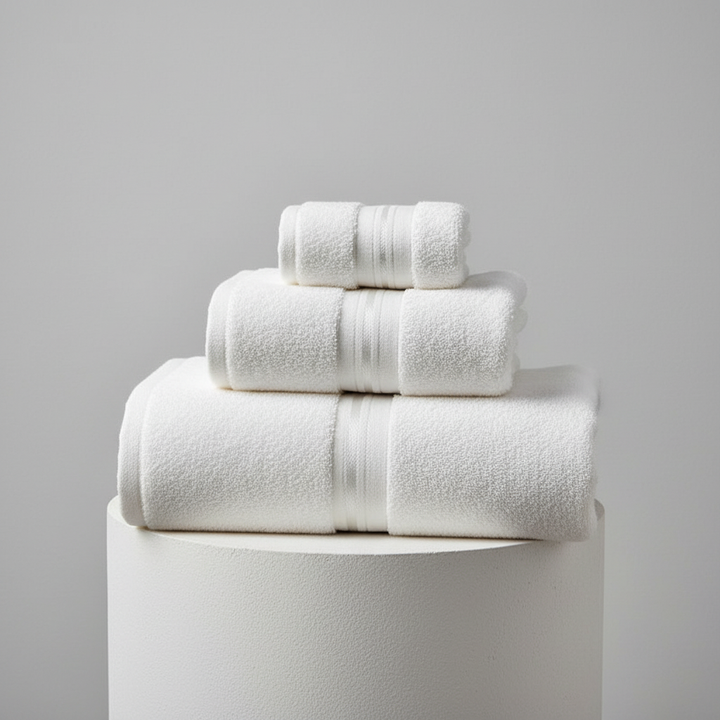 Absorbent soft cotton towel set in a serene bathroom setting, enhancing bathroom decor and comfort