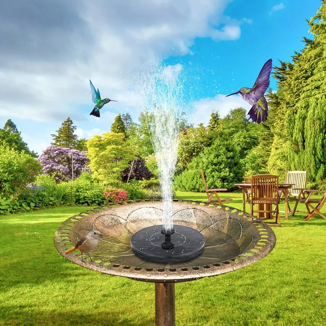 Solar bird bath fountain pump, eco-friendly water feature for garden wildlife. Adds movement to outdoor decor.