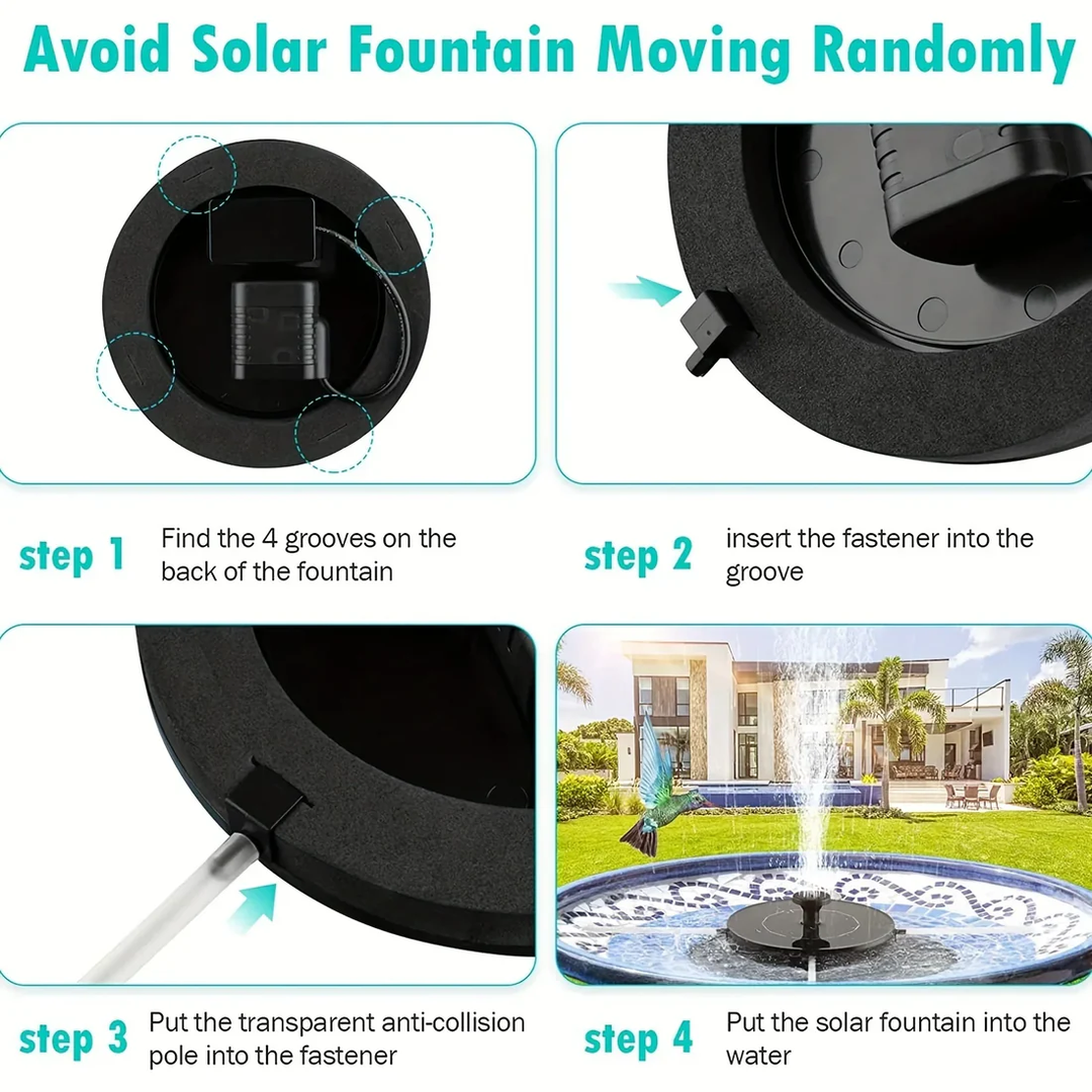 Compact solar bird bath pump creates gentle fountain streams. Eco-friendly outdoor water feature for garden wildlife.